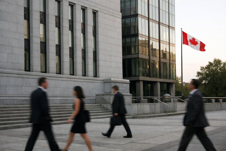 Exterior of a Canadian central bank building with national flag under natural daylight