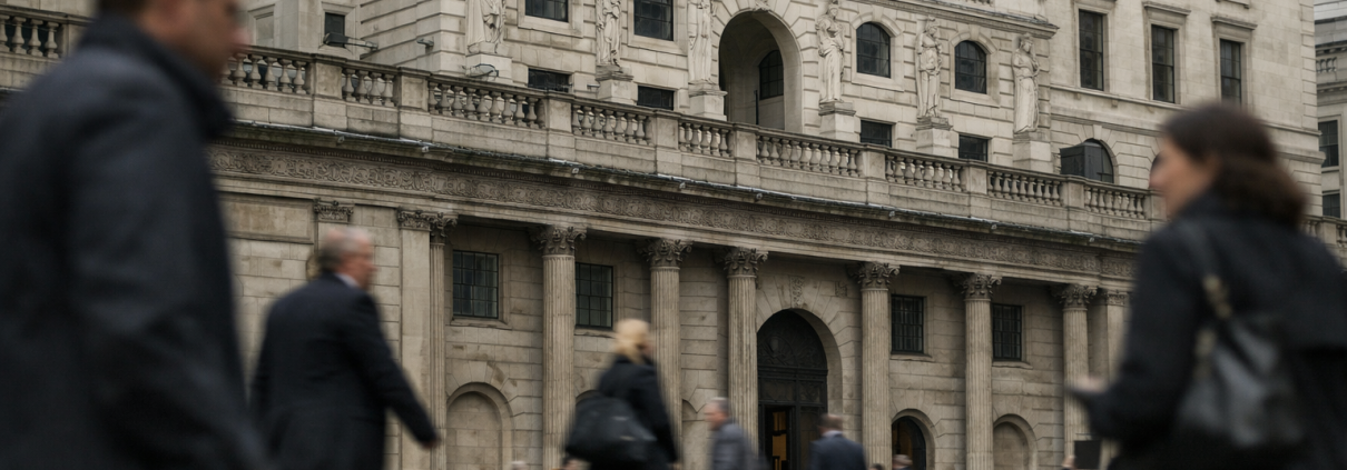 Exterior of a central bank building in London under grey daylight, symbolising a Bank of England interest rate decision