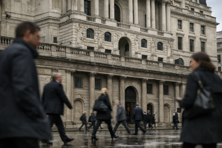 Exterior of a central bank building in London under grey daylight, symbolising a Bank of England interest rate decision