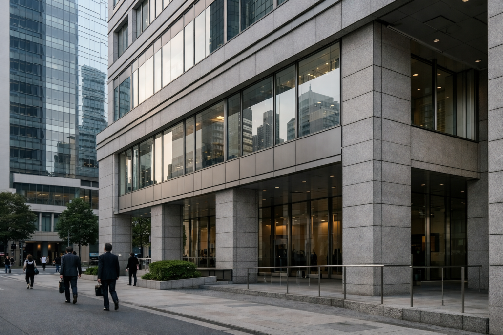 A Japanese bank facade in a Tokyo financial district under natural daylight – Bank of Japan rate hike