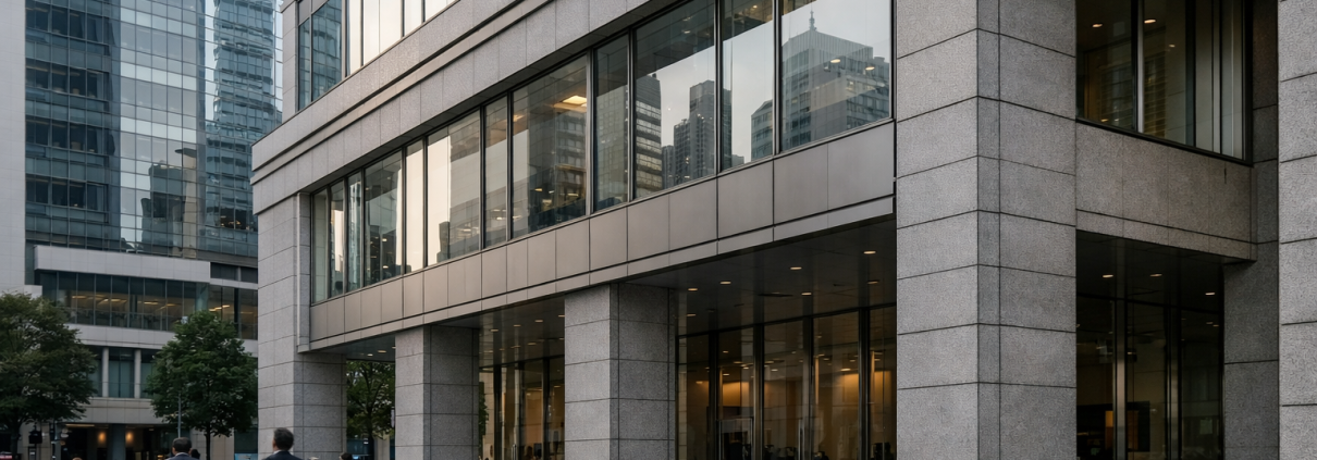 A Japanese bank facade in a Tokyo financial district under natural daylight