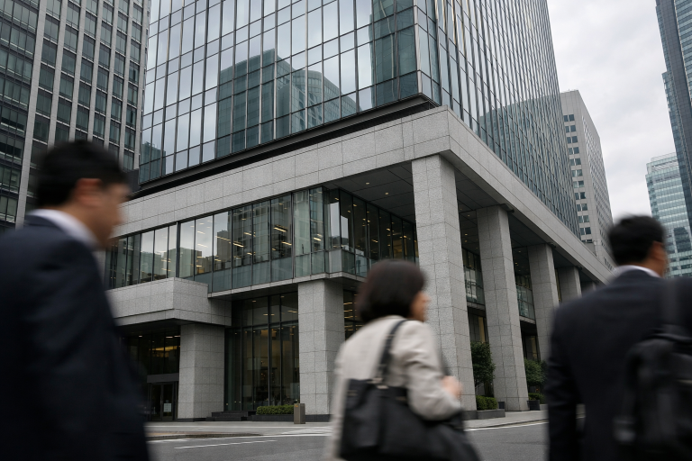 A modern bank facade in Tokyo's financial district under natural daylight, symbolising Bank of Japan monetary policy