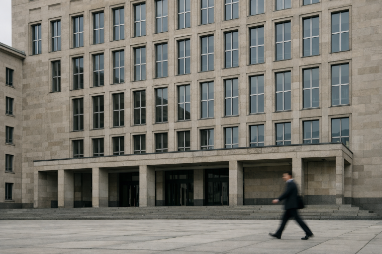 Facade of a large German central bank building under soft daylight, symbolising monetary policy reporting