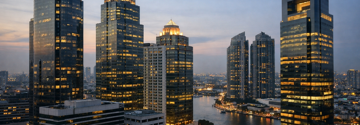 Bangkok financial district skyline at dusk with international banking towers