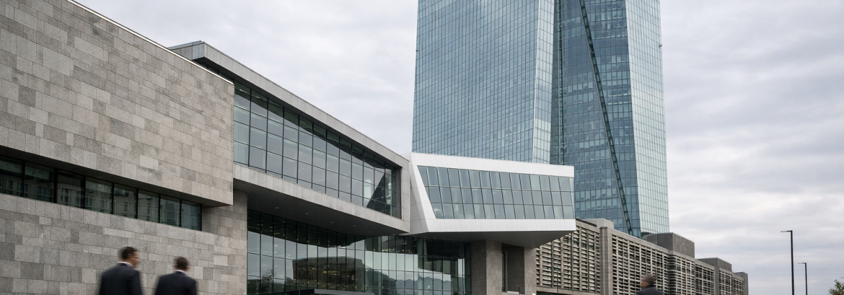 Exterior of a modern European central bank building in Frankfurt at daytime