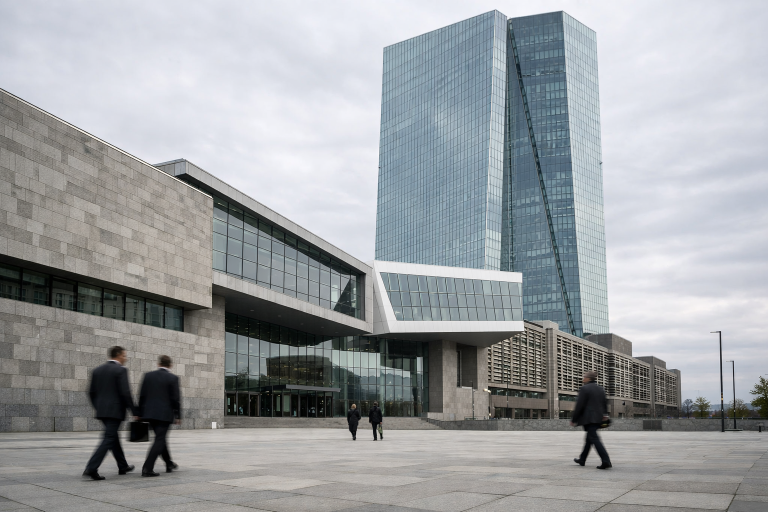Exterior of a modern European central bank building in Frankfurt at daytime