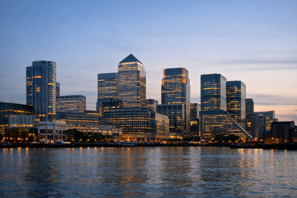 Canary Wharf financial district skyline in London representing UK cryptoasset regulation – UK cryptoasset perimeter guidance