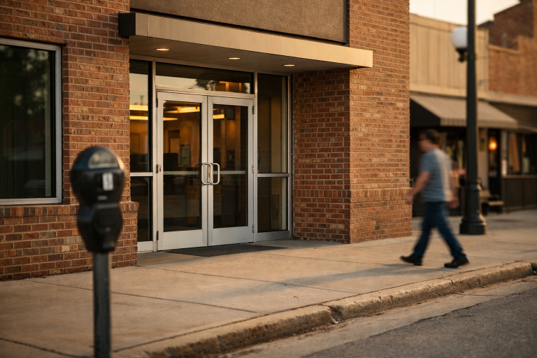 The facade of a US community bank building on a small-city main street in Oklahoma