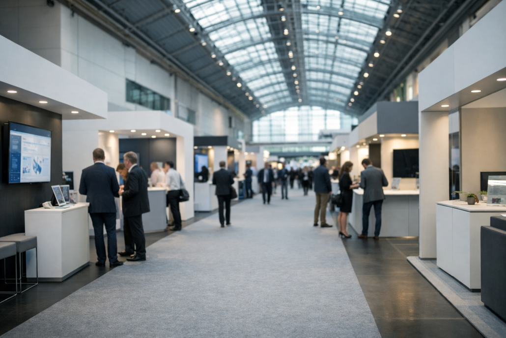 Finance26 fintech & banking trade fair opens in Frankfurt – Finance26 Frankfurt A modern trade fair hall in Frankfurt with exhibitor stands and visitors attending a finance expo – Finance26 Frankfurt