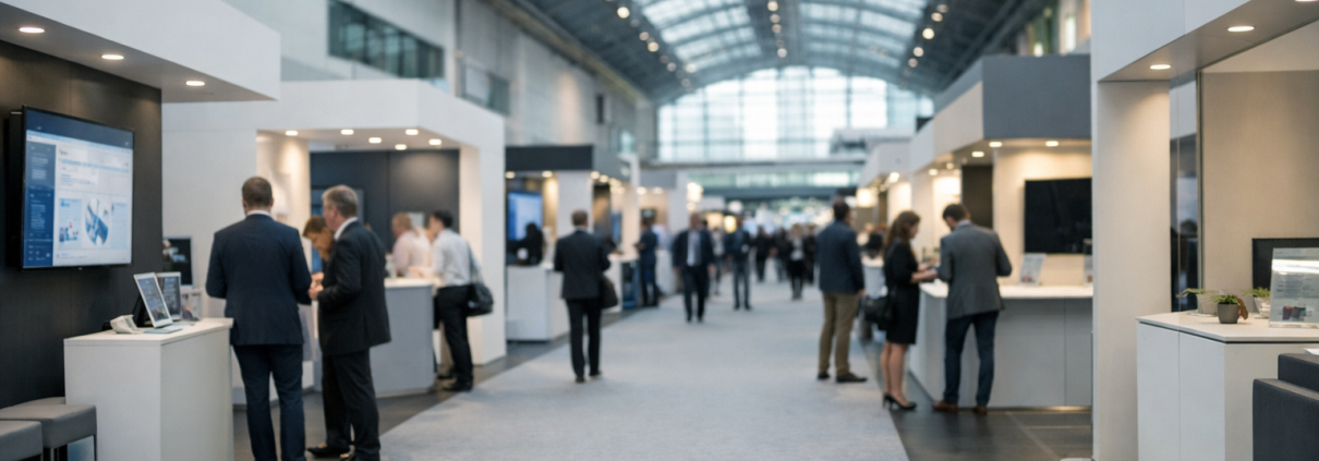 A modern trade fair hall in Frankfurt with exhibitor stands and visitors attending a finance expo
