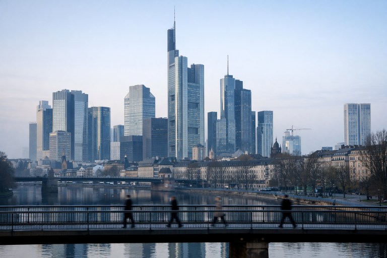 Frankfurt financial district skyline at dawn, hosting Germany's annual banking summit