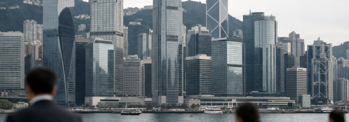 Hong Kong financial district skyline seen at eye level with bank towers under soft daylight