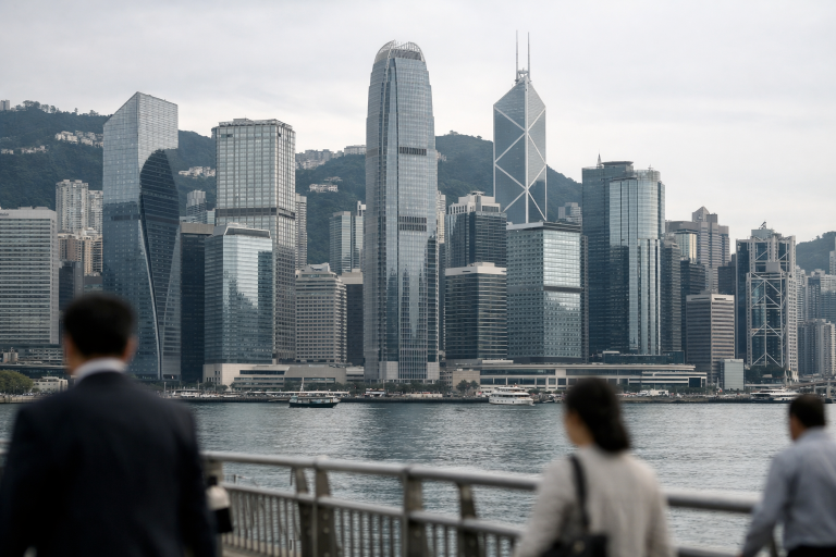 Hong Kong financial district skyline seen at eye level with bank towers under soft daylight
