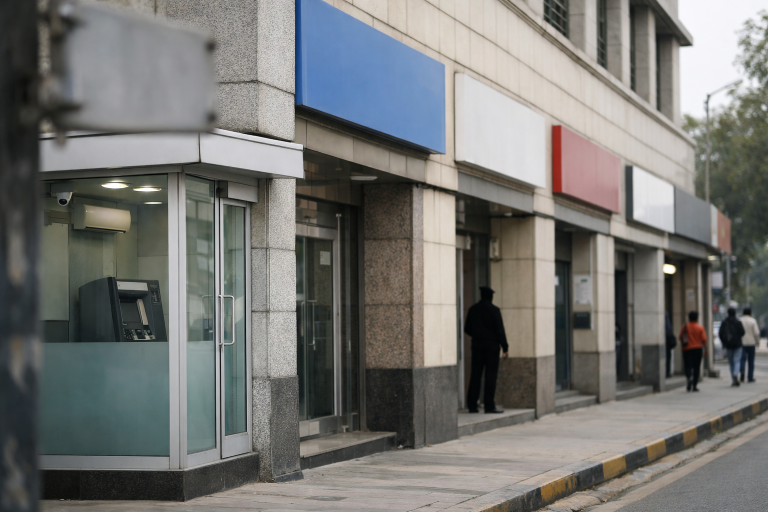 A row of Indian public sector bank branch signs on a city street with an ATM vestibule visible