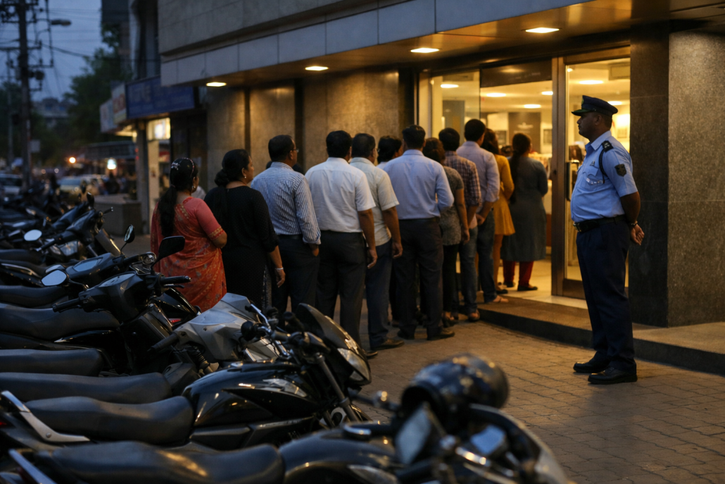 A public sector bank branch in India with its shutters open to customers – India bank strike