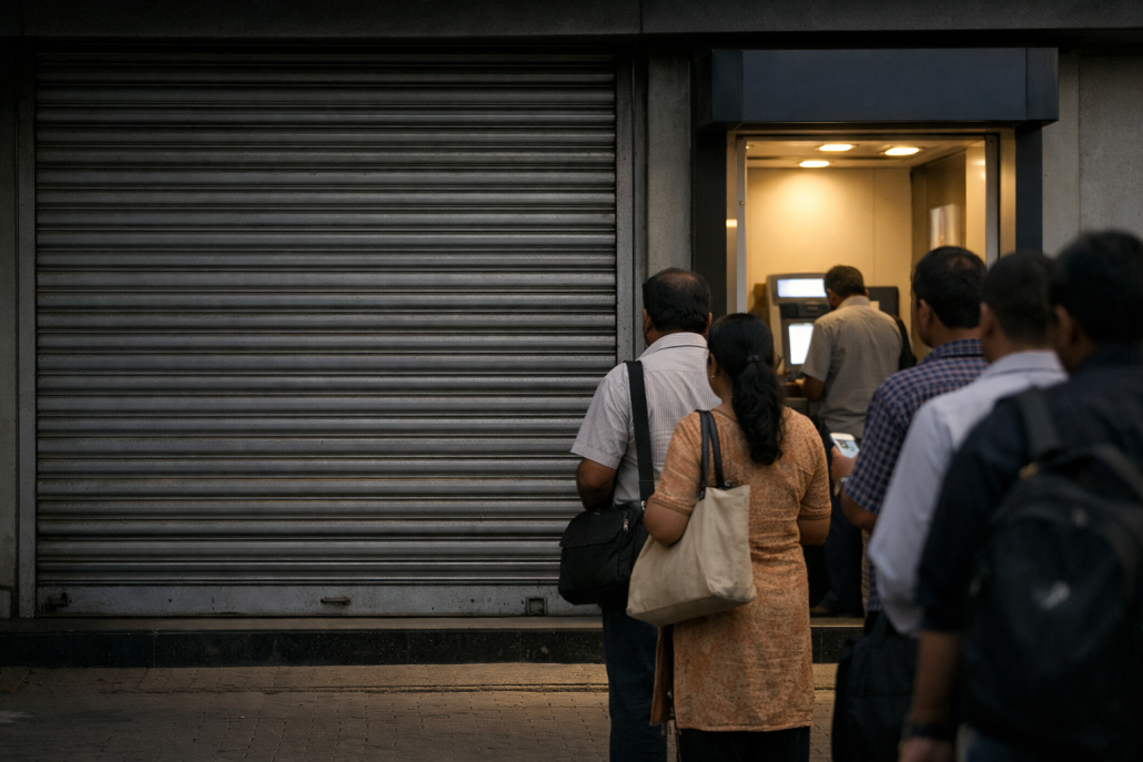 India UFBU Three-Day Bank Strike Confirmed for Sept 28–30 – India bank strike September 2026 Closed shutters of an Indian bank branch with an ATM lobby beside the entrance – India bank strike September 2026