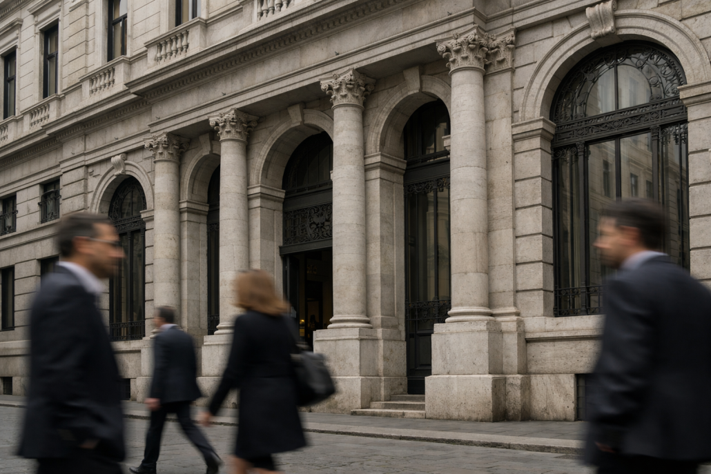 Italy govt abstains on MPS AGM vote, leaves takeover to market A bank facade in an Italian financial district under natural daylight, representing the Monte dei Paschi shareholder decision – MPS AGM vote