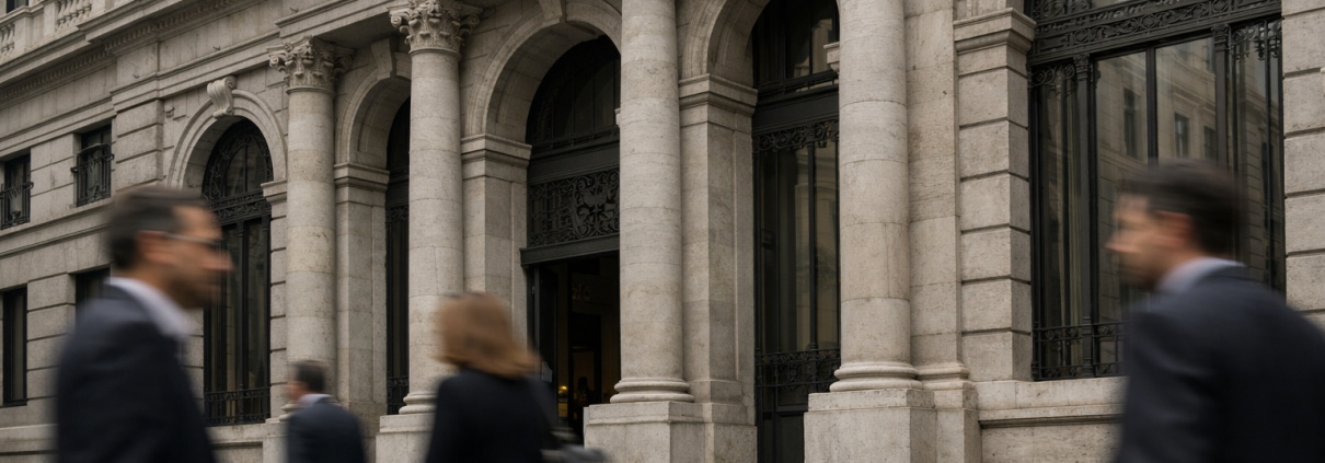 A bank facade in an Italian financial district under natural daylight, representing the Monte dei Paschi shareholder decision