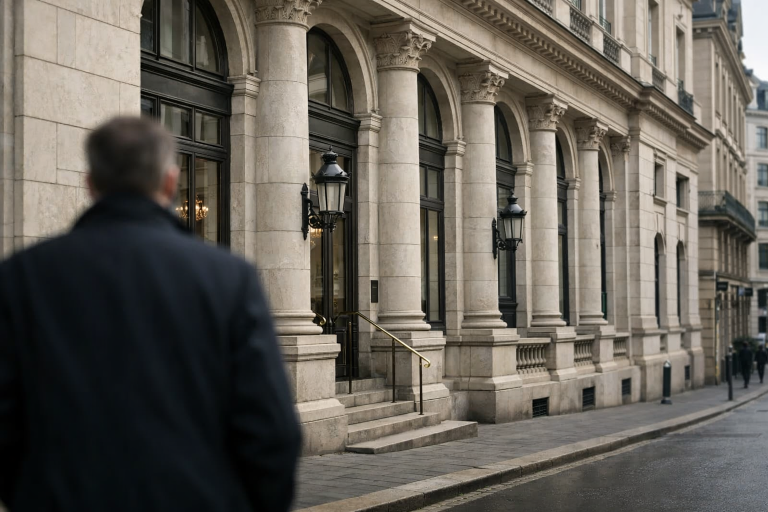 A bank facade in Luxembourg's financial district under soft daylight, symbolising a cross-border M&A process