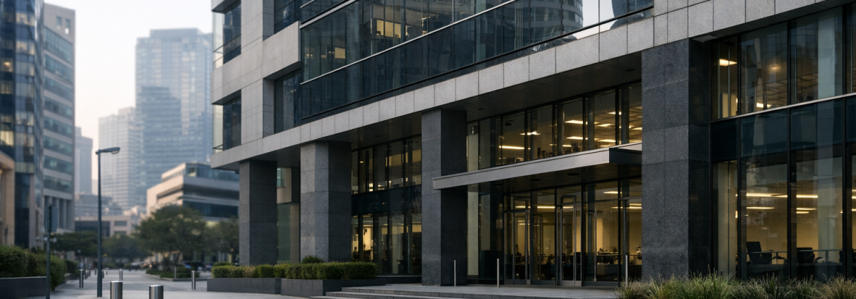 A South African bank facade in a financial district under natural daylight