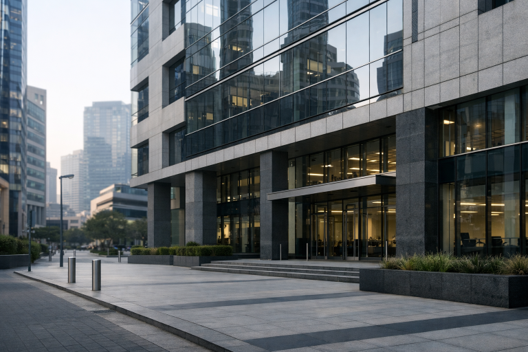 A South African bank facade in a financial district under natural daylight