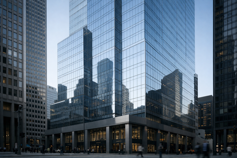 A modern Canadian bank tower facade in a downtown financial district under natural daylight