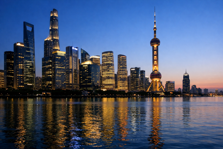 A modern high-rise financial district skyline in Shanghai at dusk representing foreign banks operating in China