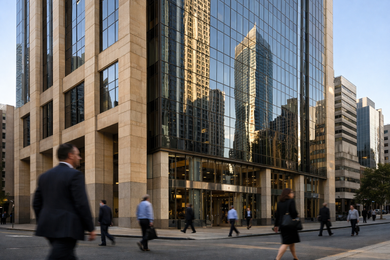 Exterior of a major Australian bank building in a central business district under natural daylight
