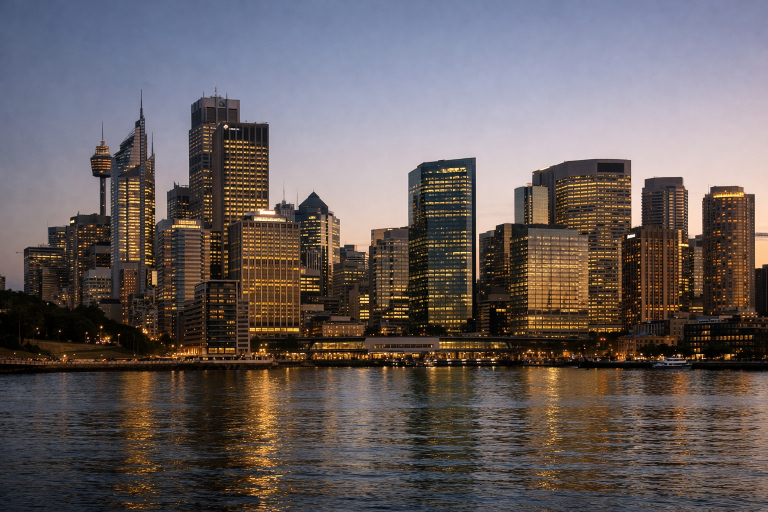 Sydney financial district skyline representing the Reserve Bank of Australia and interest rate policy