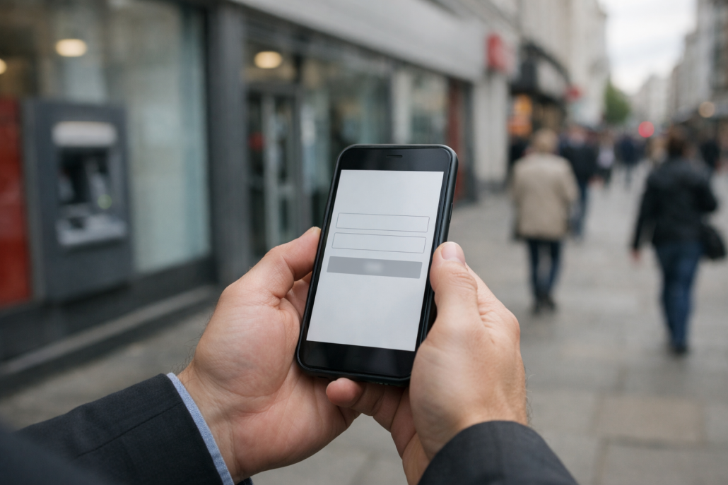 A customer looking at a mobile banking app on a smartphone outside a UK high-street bank branch – Santander UK online banking outage