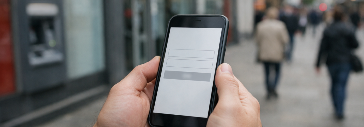 A customer looking at a mobile banking app on a smartphone outside a UK high-street bank branch