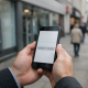A customer looking at a mobile banking app on a smartphone outside a UK high-street bank branch