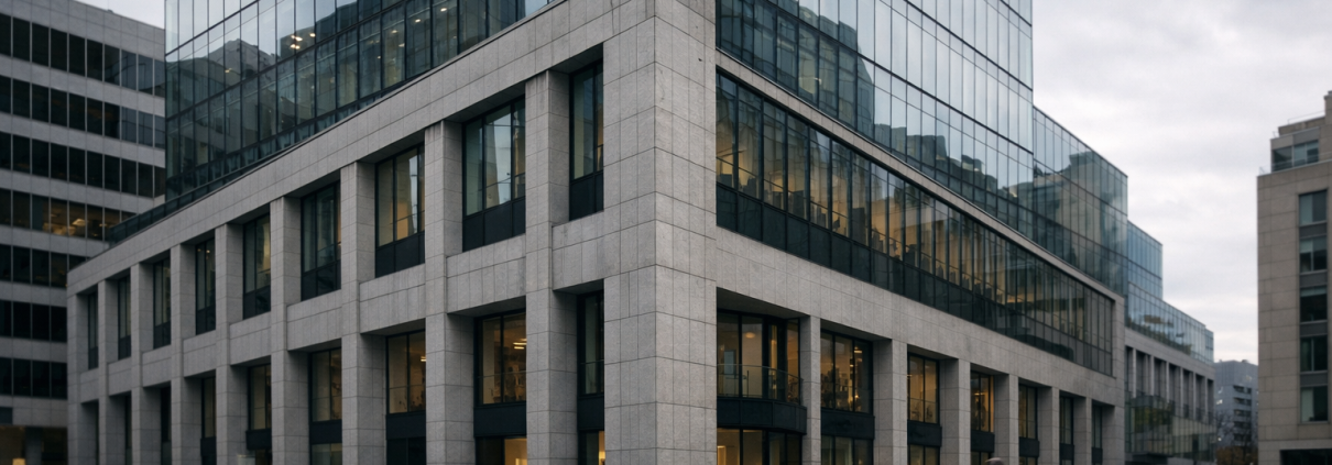 A bank headquarters facade in a Swiss financial district under overcast daylight