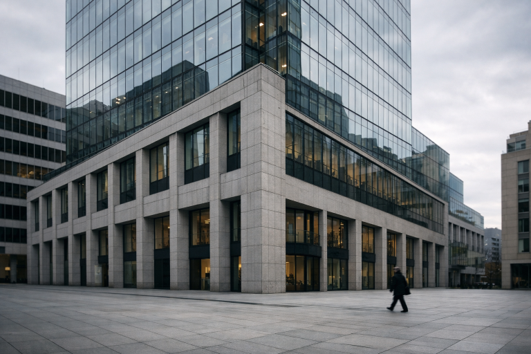 A bank headquarters facade in a Swiss financial district under overcast daylight