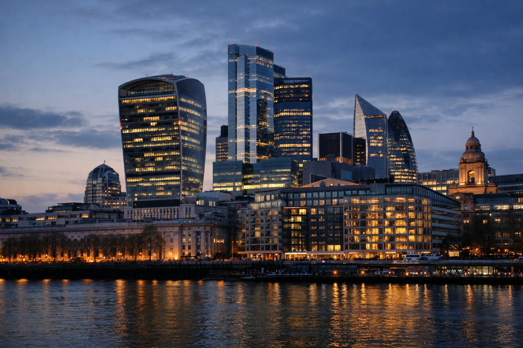 London financial district skyline representing UK banks completing interbank tokenised deposit transactions