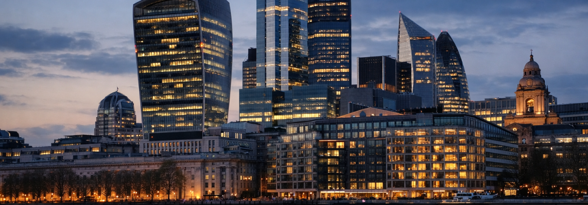 London financial district skyline representing UK banks completing interbank tokenised deposit transactions