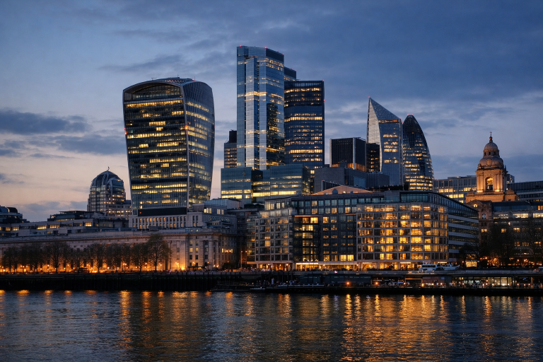 London financial district skyline representing UK banks completing interbank tokenised deposit transactions