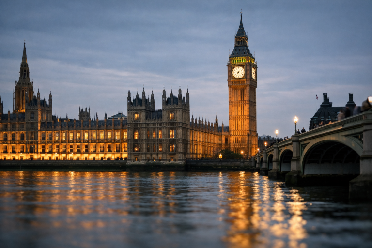 The Palace of Westminster seen across the River Thames, representing a UK parliamentary inquiry into banking access for crypto firms