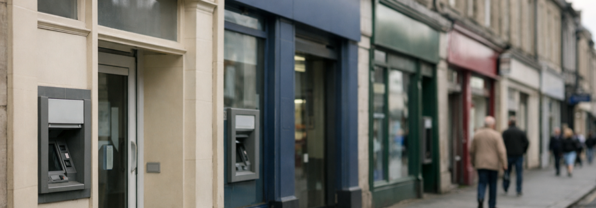 A row of UK high street bank branches with savings account signage in daylight