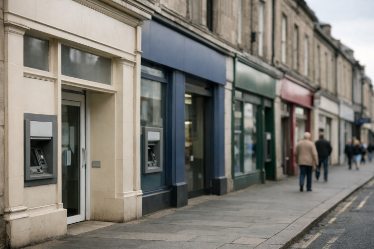 A row of UK high street bank branches with savings account signage in daylight