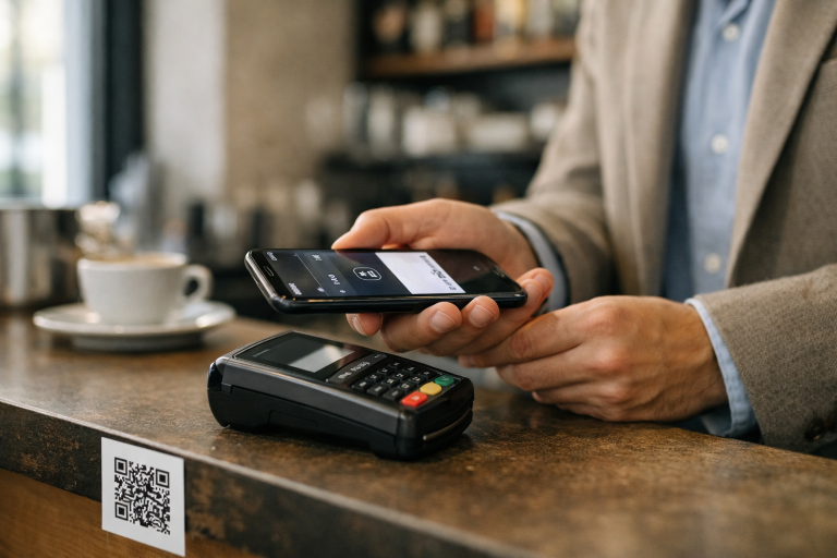 A smartphone displaying a mobile payment app at a Luxembourg cafe counter