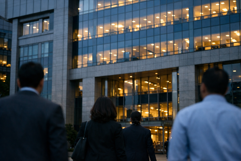 Exterior facade of a large private-sector bank branch in India at dusk, representing a leadership transition
