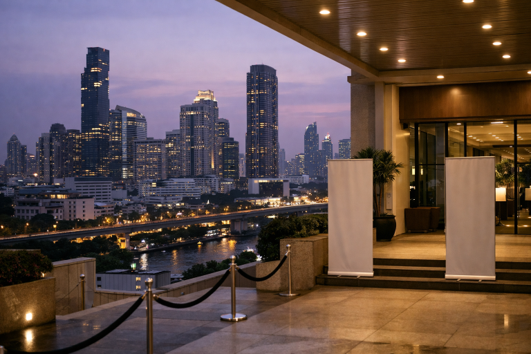 Bangkok skyline at dusk during an international finance conference