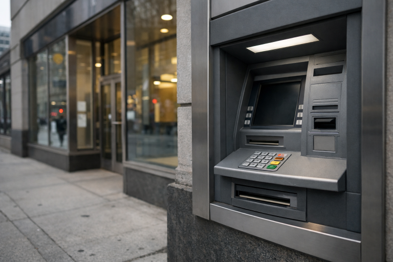 A Canadian bank facade and ATM in a downtown financial district under soft overcast light
