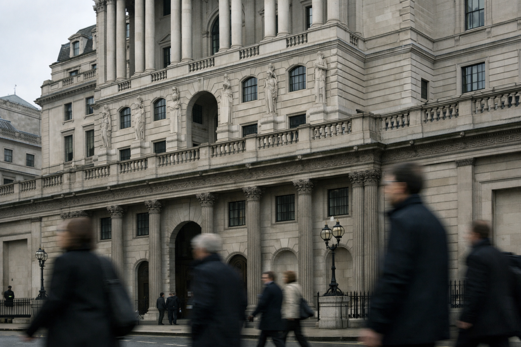 The Bank of England facade on Threadneedle Street in London on a conference day – Future of Money conference London