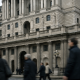 The Bank of England facade on Threadneedle Street in London on a conference day