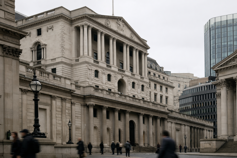 Bank of England facade in London with a view of the City financial district