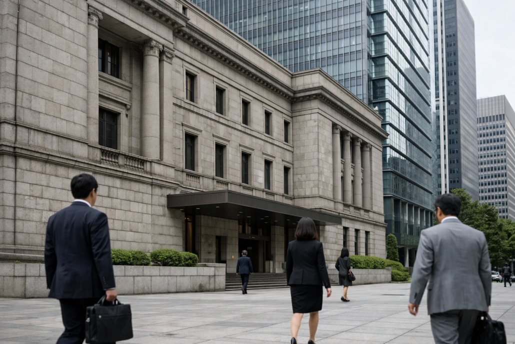 BoJ Holds at 1.25%, Declares 2% Inflation Target Met – Bank of Japan 1.25% rate hold A bank facade in a Tokyo financial district photographed at eye level under soft natural light – Bank of Japan 1.25% rate hold