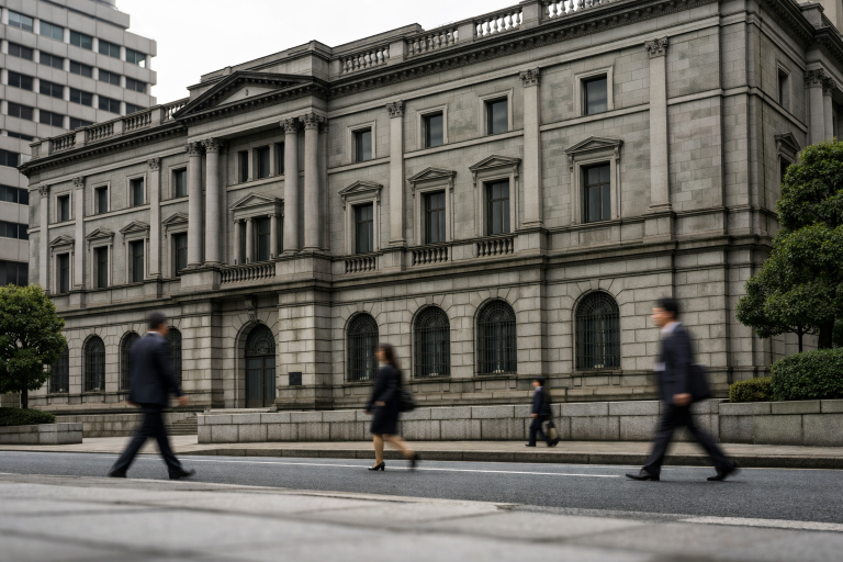 The exterior of a central bank headquarters building in Tokyo at eye level in soft daylight