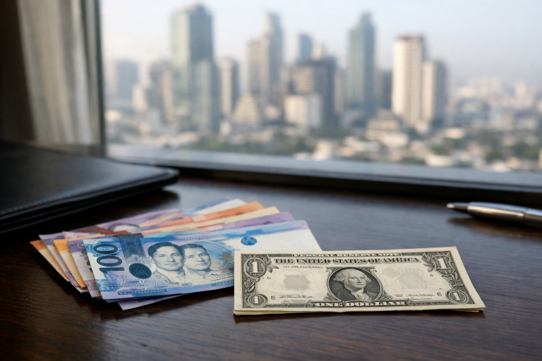 Philippine peso banknotes beside a US dollar bill against a city skyline, illustrating the currency's record low against the dollar